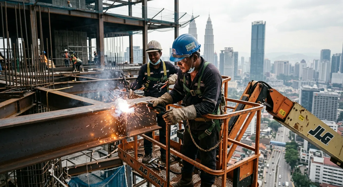 Pekerja menggunakan boom lift untuk pembinaan & konstruksi