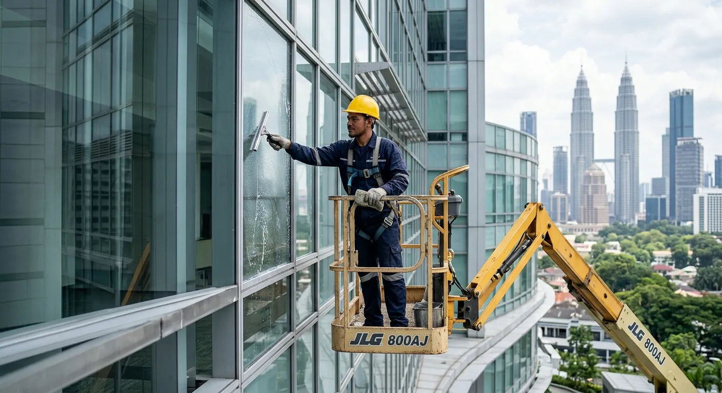 Pekerja menggunakan boom lift untuk penyelenggaraan bangunan