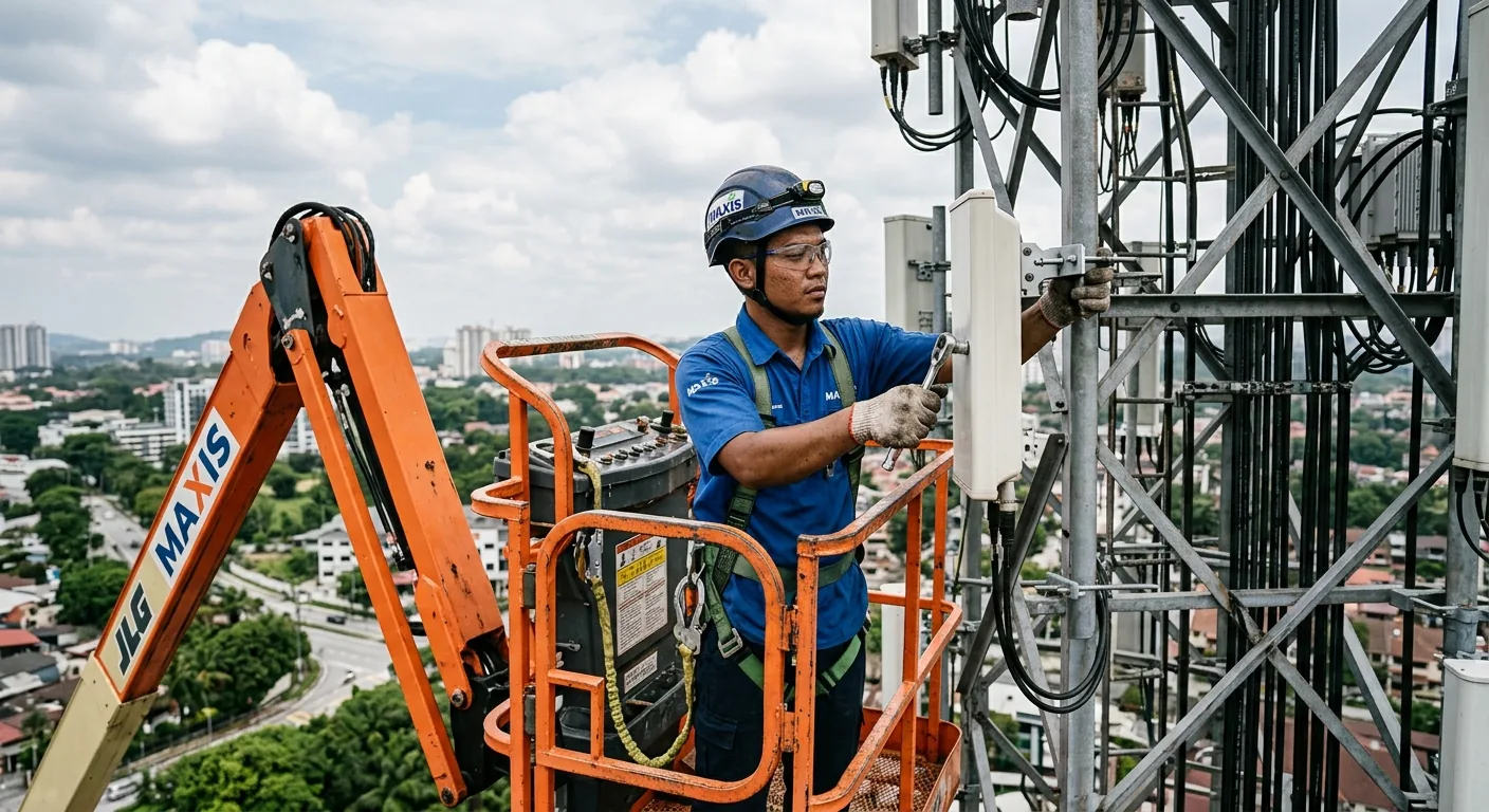 Pekerja menggunakan boom lift untuk telekomunikasi